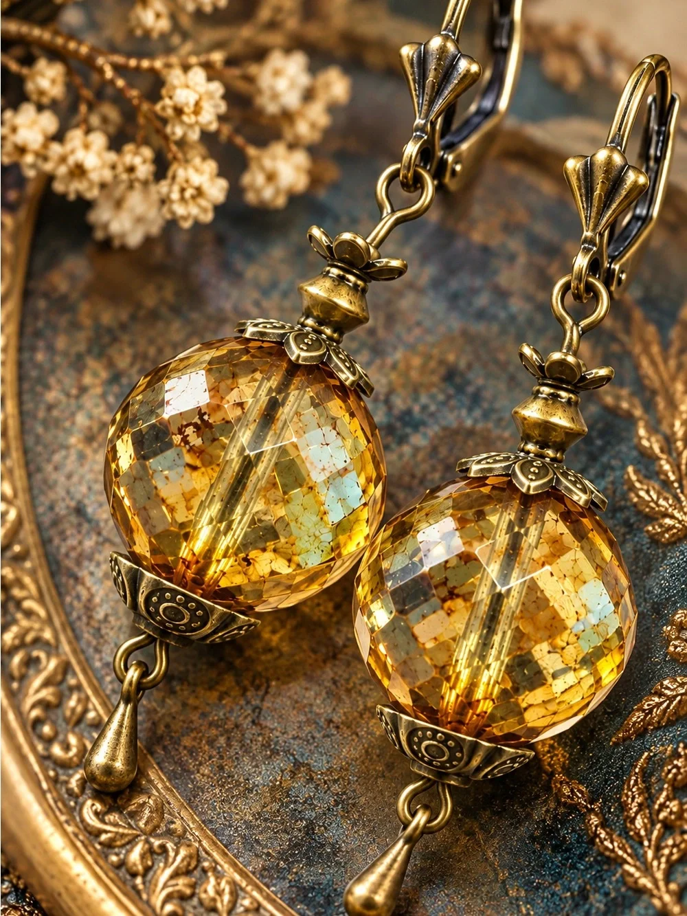 Czech Glass Amber Faceted Handmade Statement Earrings Antique Brass
